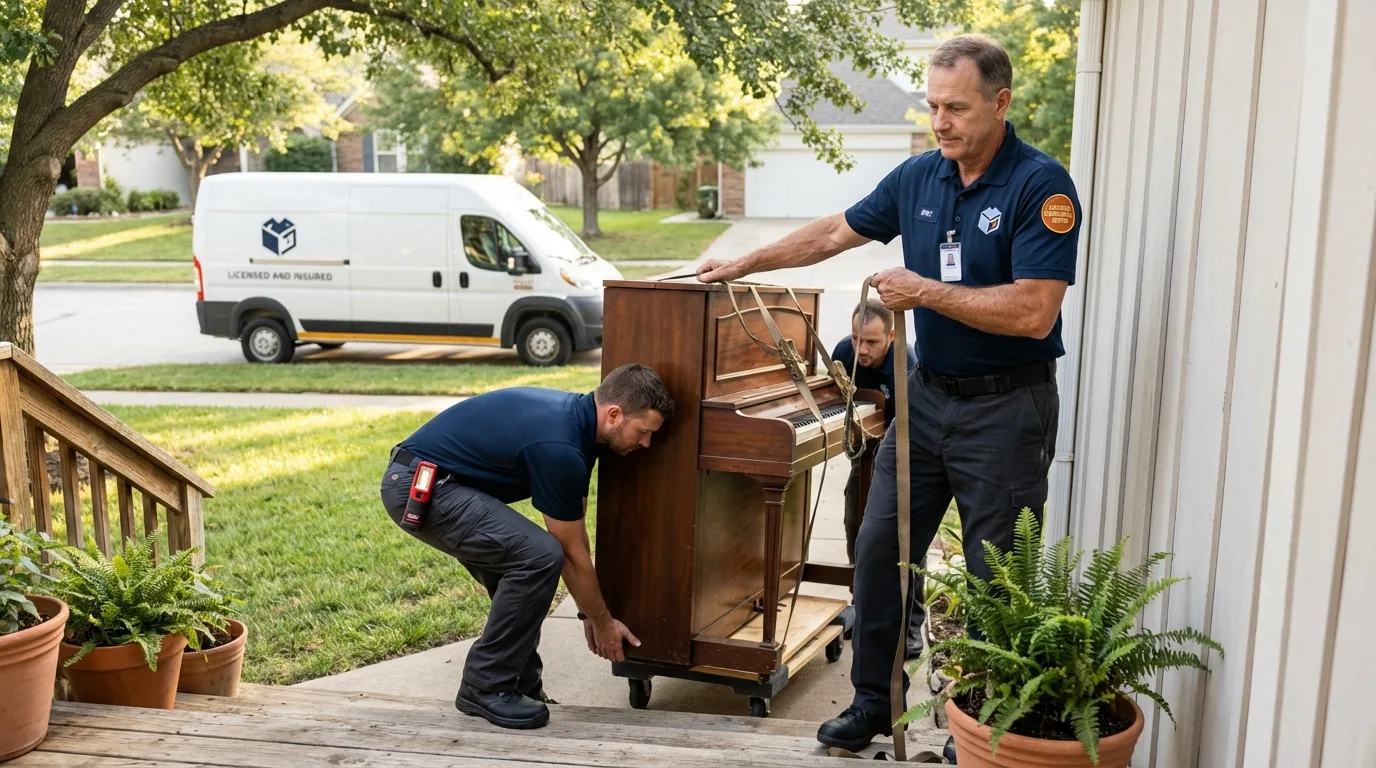Licensed piano movers securing grand piano in Harvey, IL